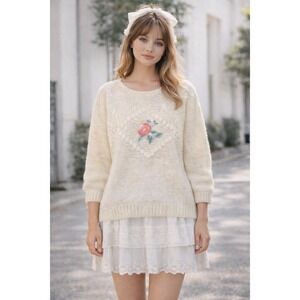 VTG 80s 90s Erica Cream Floral Coquette Cottagecore Sweater Large Feminine‎ NWT